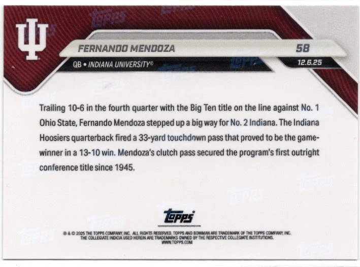 2025 Topps Bowman U Now Fernando Mendoza #58 Gold Foil /50 Indiana Hoosiers Rookie RC Football Card - Image 2