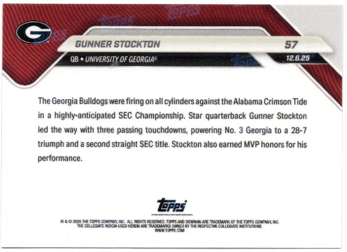2025 Topps Bowman U Now Gunner Stockton #57 Orange Foil /25 Georgia Bulldogs Rookie RC Football Card - Image 2