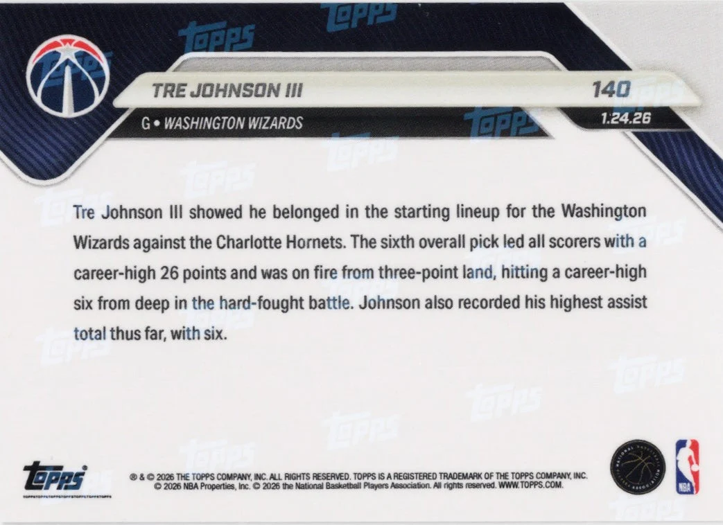 2025 Topps Now Tre Johnson #140 Black Foil /10 Washington Wizards Rookie RC Basketball Card - Image 2