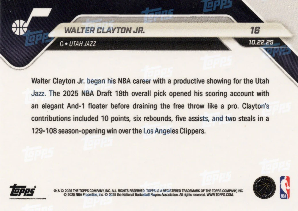 2025 Topps Now Walter Clayton Jr #16 Black Foil /10 Utah Jazz Rookie RC Basketball Card - Image 2
