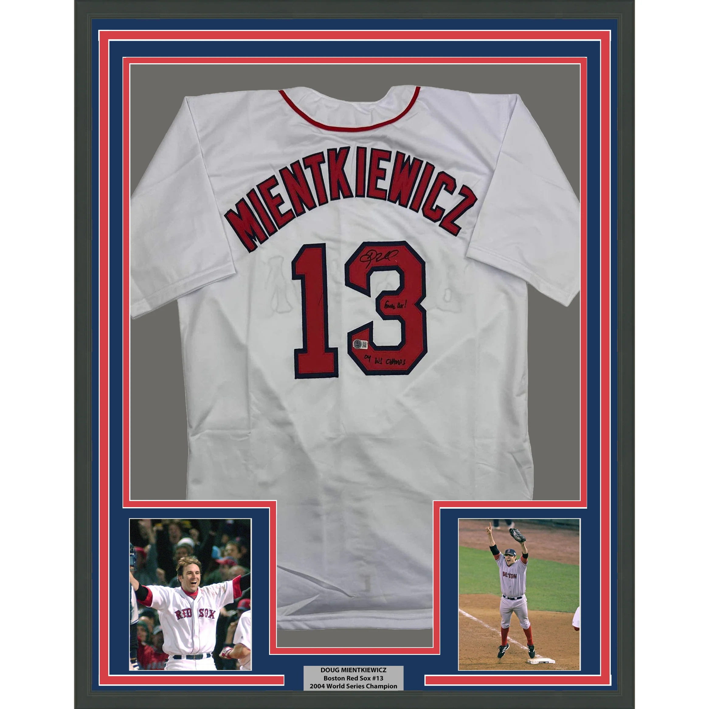 Framed Autographed/Signed Doug Mientkiewicz 35x39 Final Out! 04 WS Champs! Boston White Baseball Jersey Beckett BAS COA