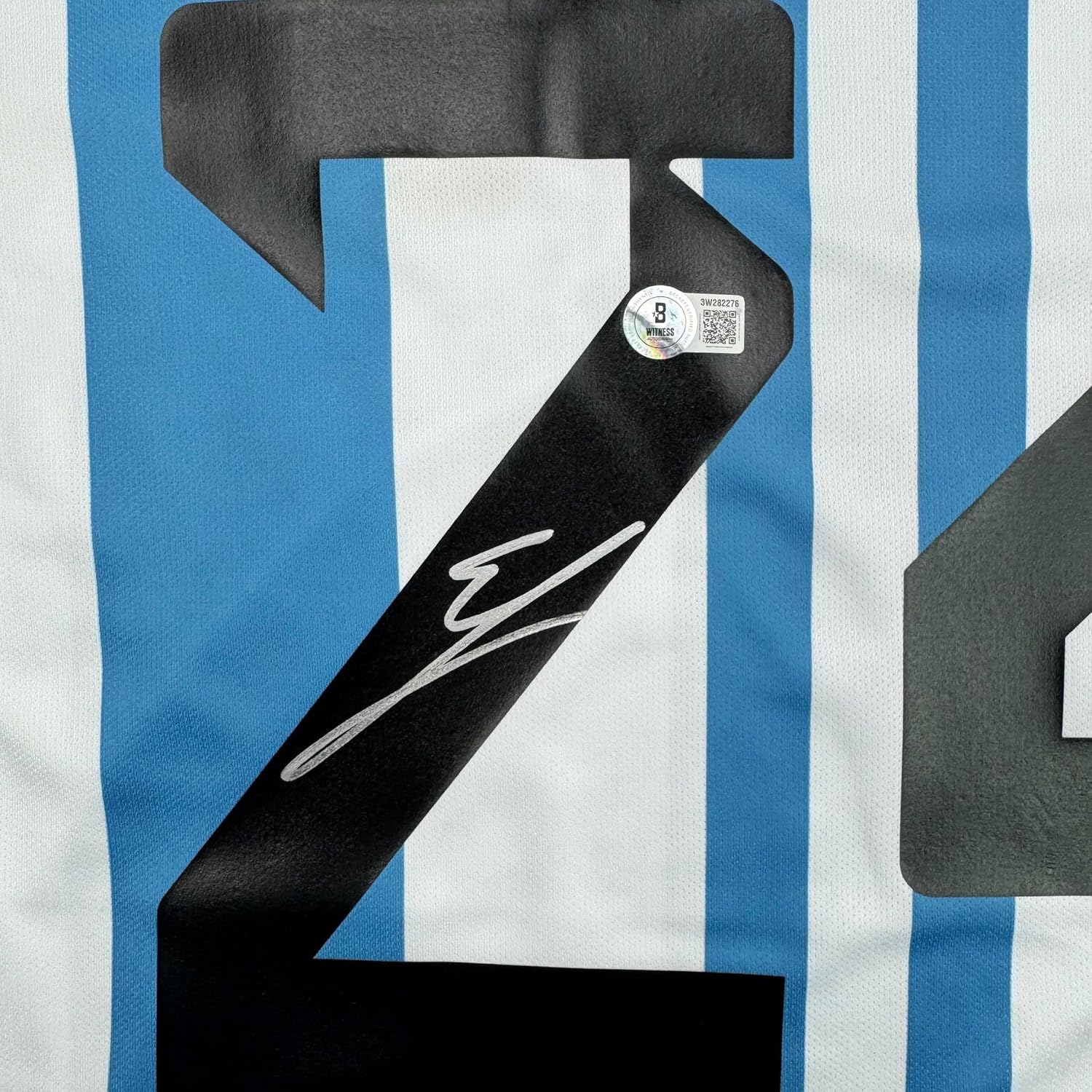 Framed Autographed/Signed Enzo Fernandez 35x39 Argentina Blue/White Soccer World Cup Jersey Beckett BAS COA - Image 2