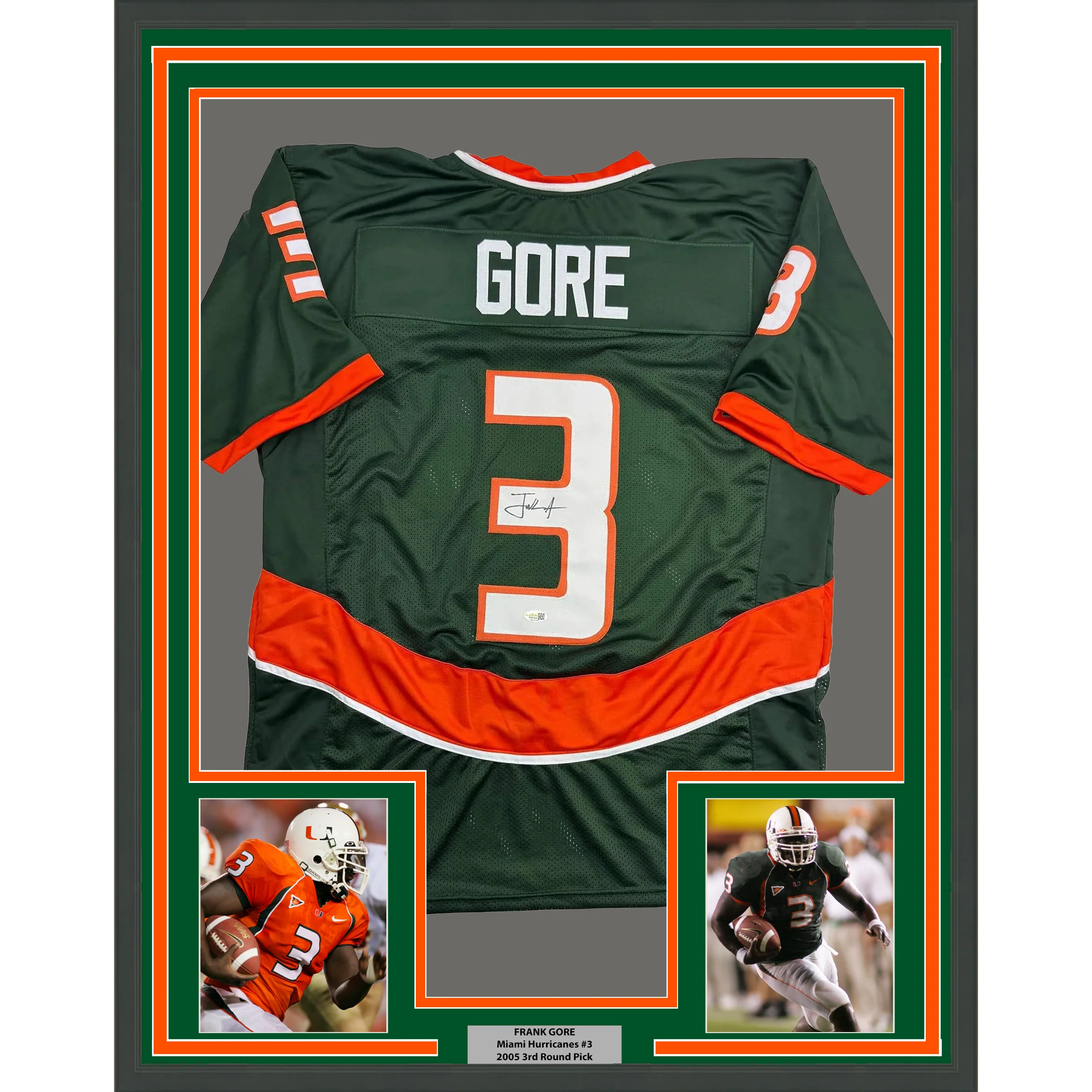 Framed Autographed/Signed Frank Gore 35x39 Miami Green Football Jersey JSA COA