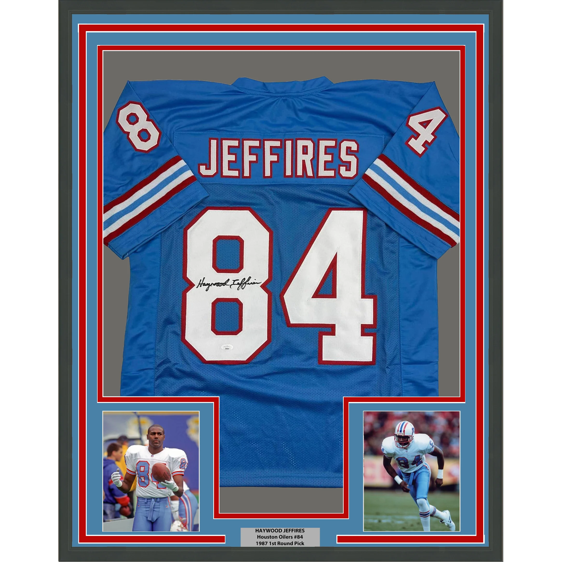 Framed Autographed/Signed Haywood Jeffires 35x39 Tennessee Retro Light Blue Football Jersey JSA COA