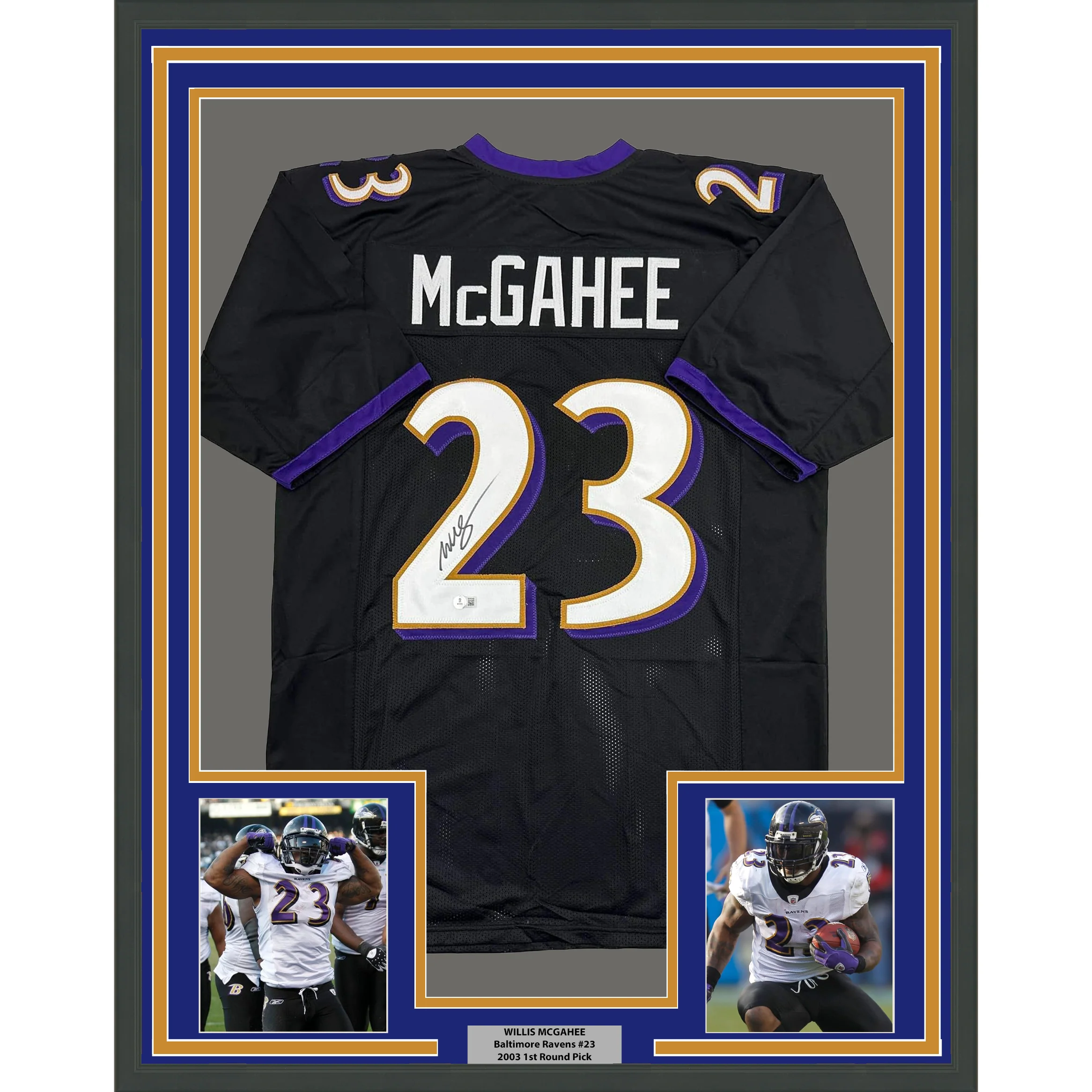 Framed Autographed/Signed Willis McGahee 35x39 Baltimore Black Football Jersey Beckett BAS COA